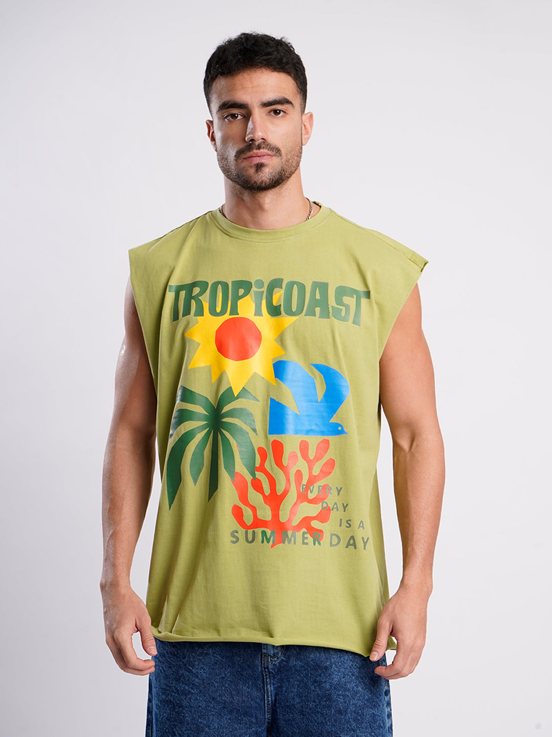 Men Green Sleeveless Graphic Print Oversized T Shirt