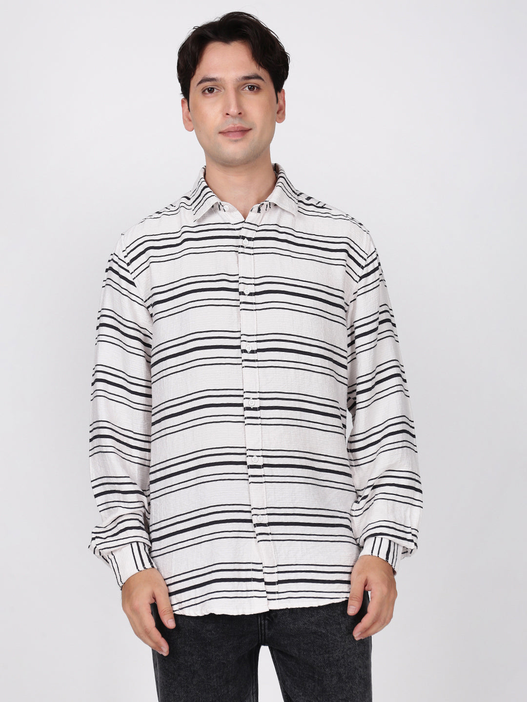 Men White and Black Horizonatal Striped Shirt
