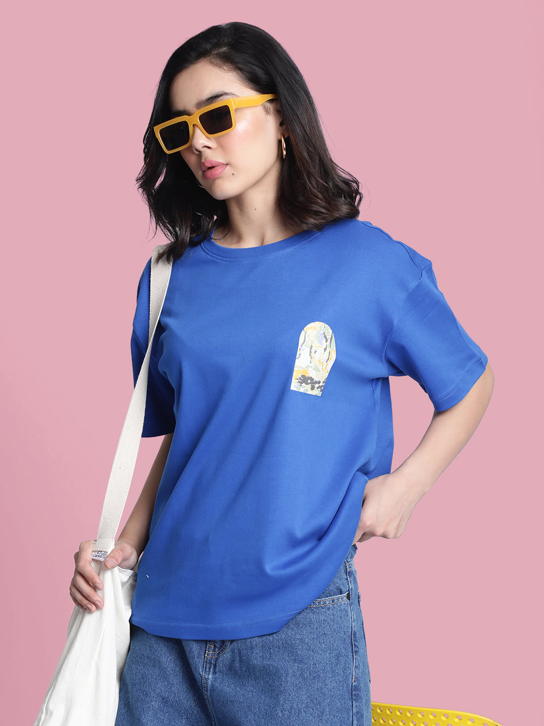 Women Blue Graphic Print Oversize Tshirt