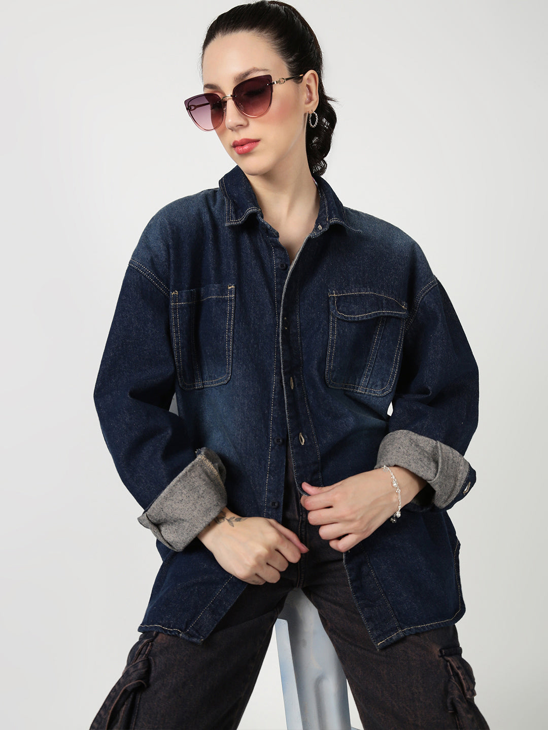 Women Vintage Wash Oversize Denim Shirt