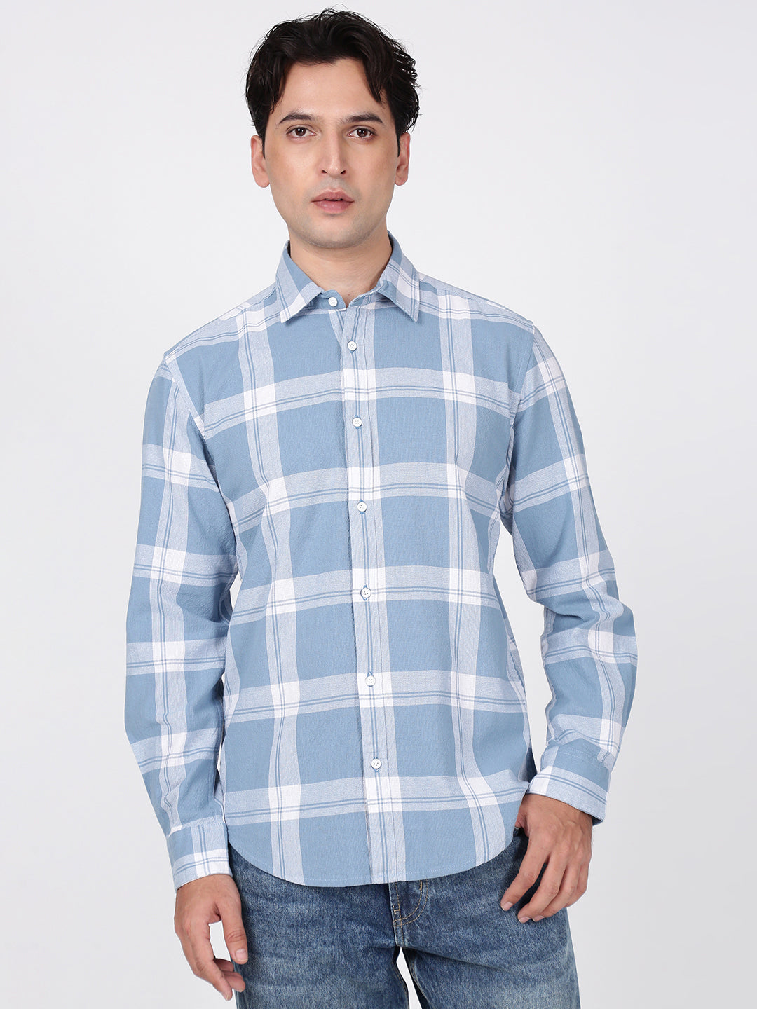 Men Blue Checked Slim Fit Textured  Shirt