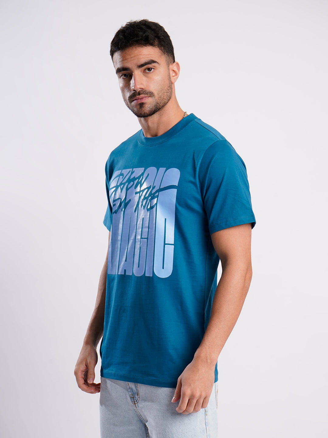 Men Teal Typography Print T shirt
