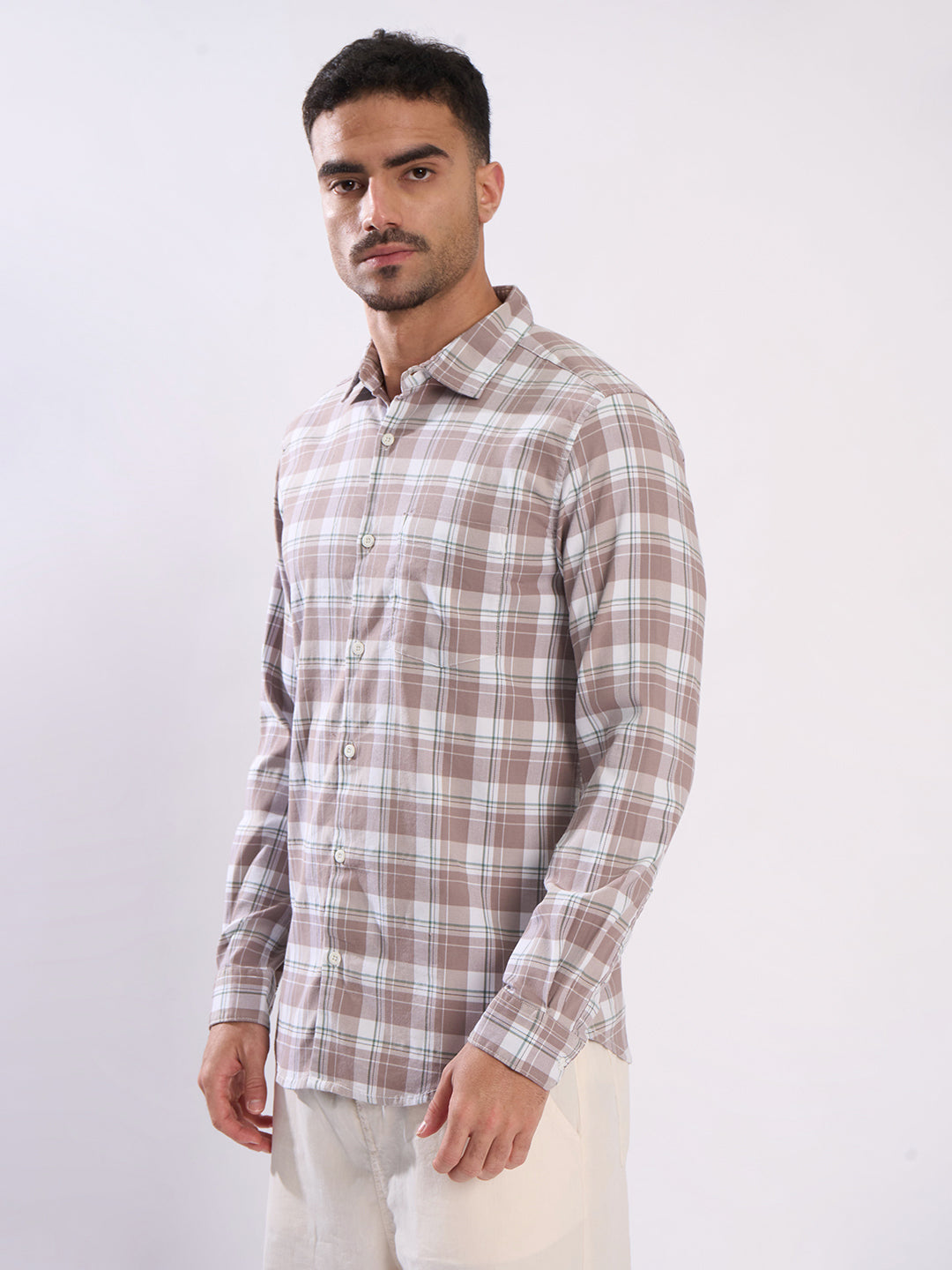 Men Peach Slim Fit Checked Shirt