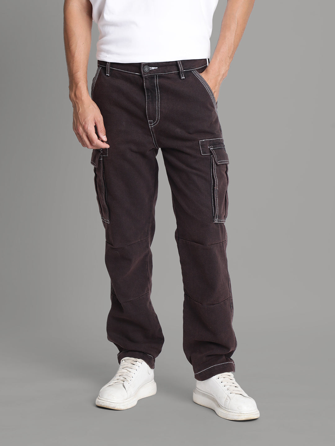 Men Charcoal Rust Contrast-Stitch Cargo Jeans