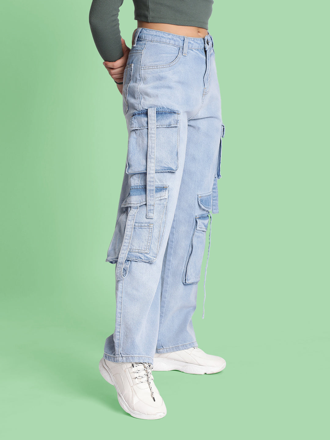 Women’s Light Blue 8-Pocket Cargo Denim Jeans