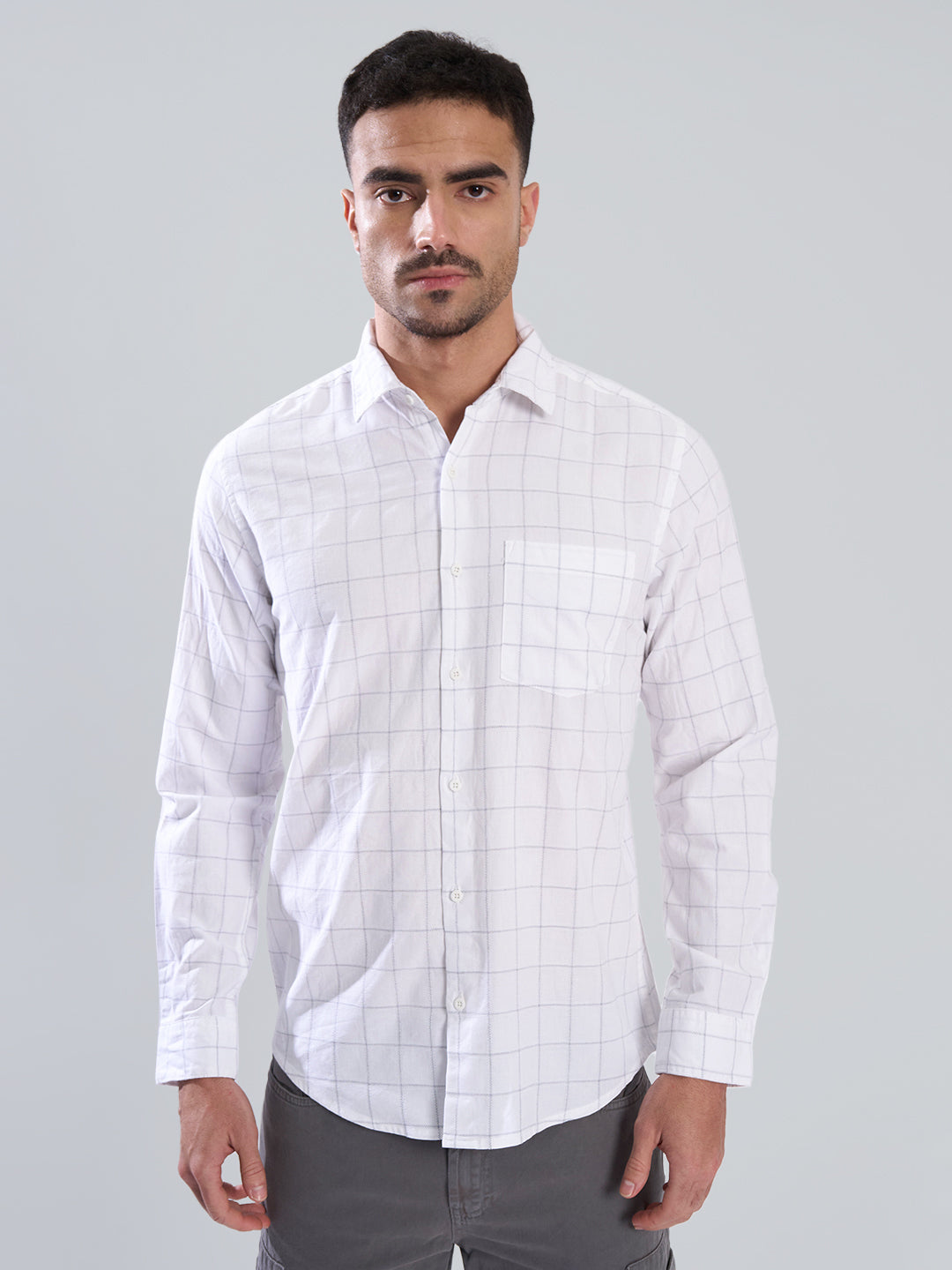 Men White Checked Single Pocket Shirt
