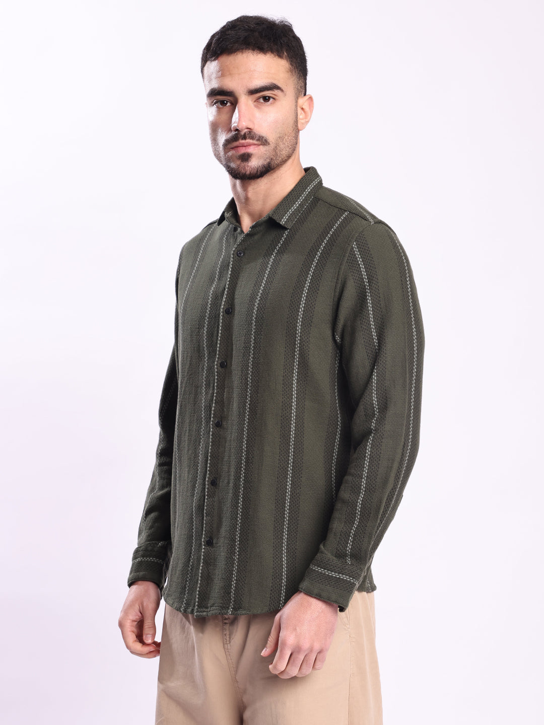 Men Green Striped Casual Shirt