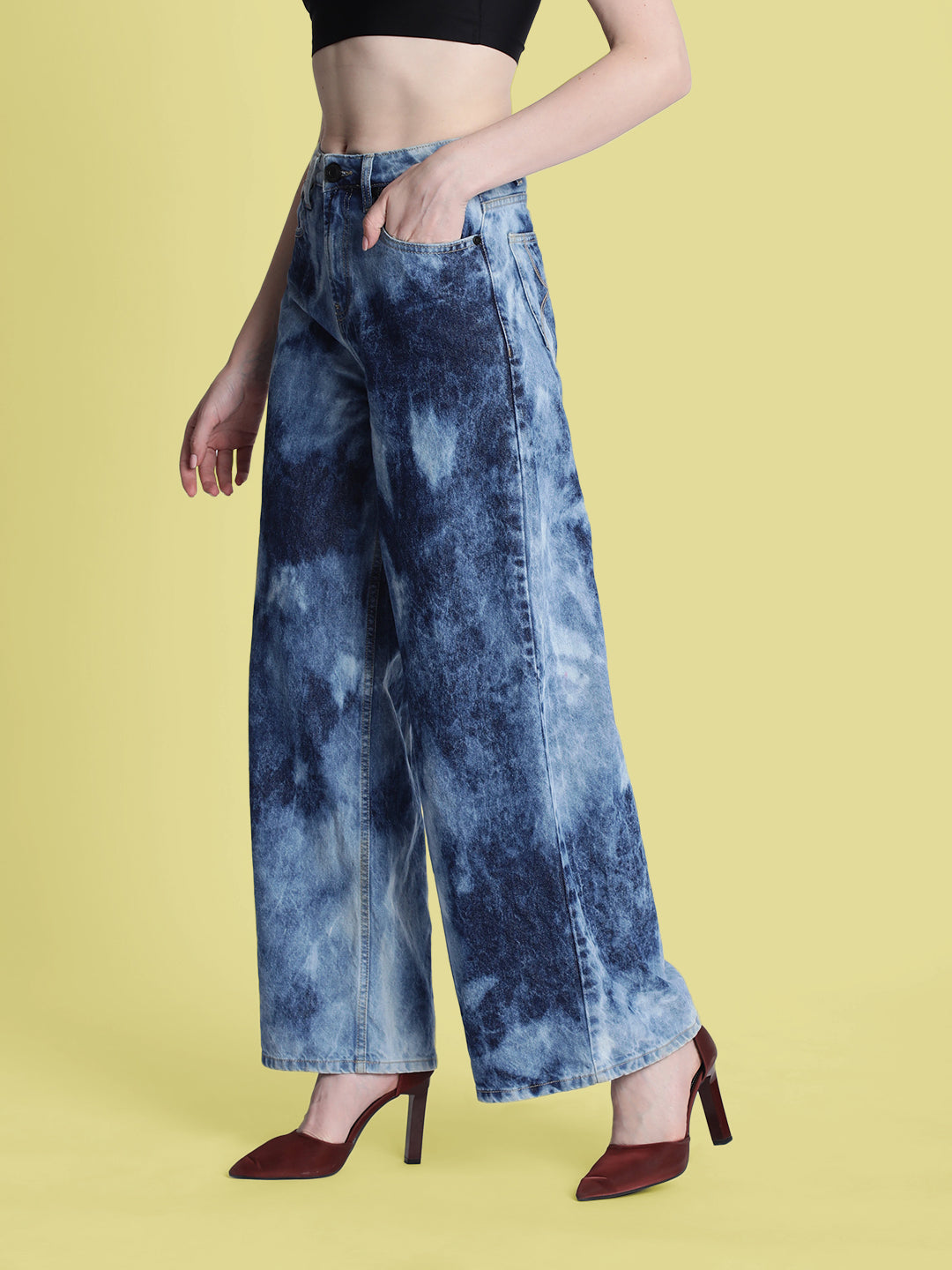 Women Blue Tie-and-Dye Effect Wide-Leg Jeans