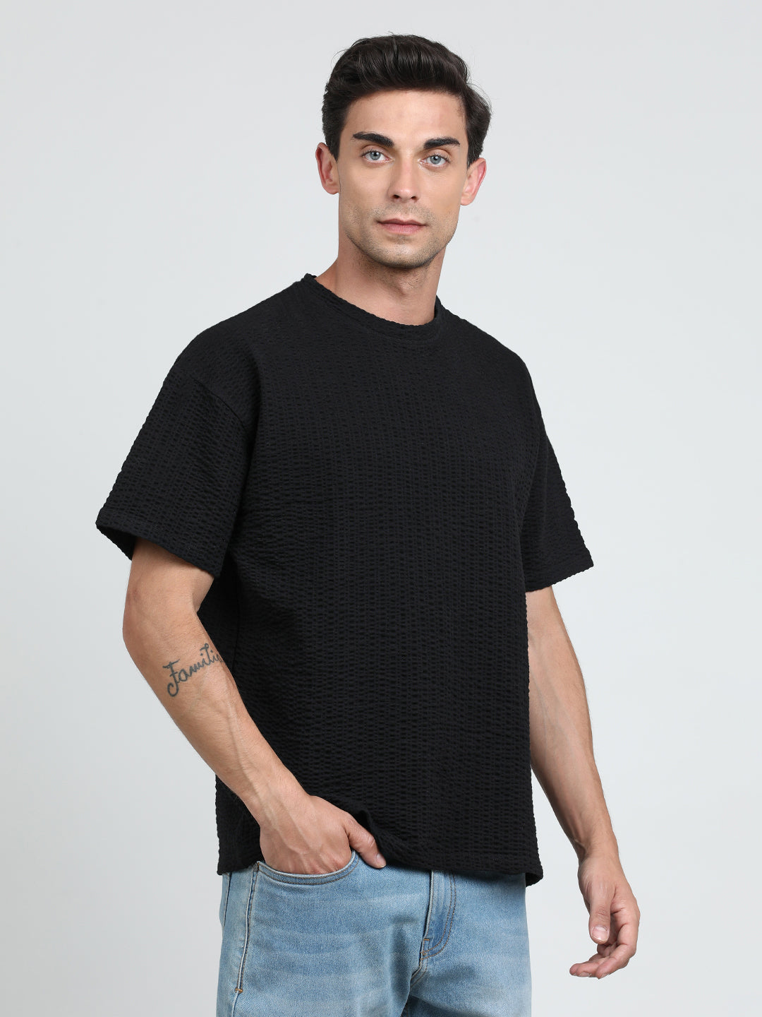 Men Black Oversized Knit Seersucker Solid T-Shirt