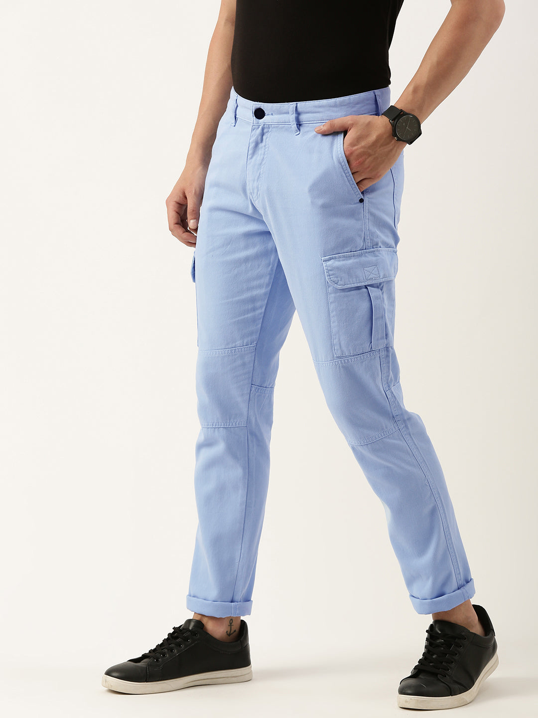 Men Cerulean Blue Slim Fit Solid Cargo Trouser