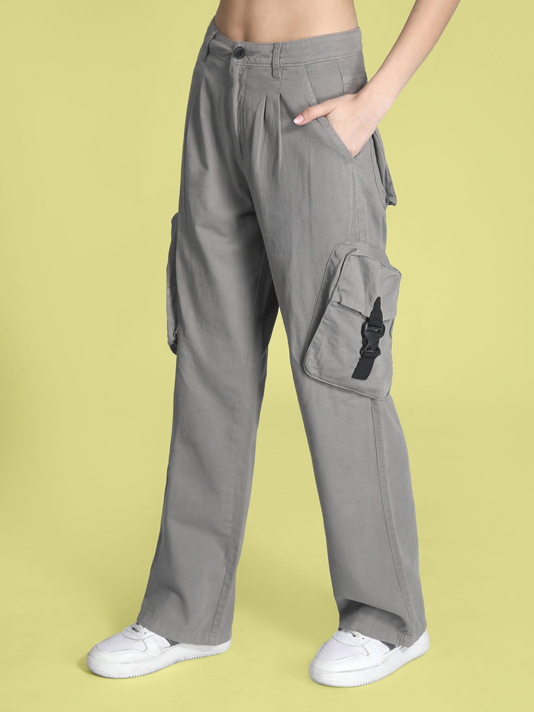 Women Straight Fit Cargo Trouser With Buckle Detailing