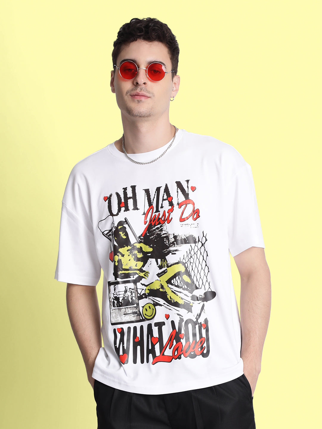 Men White "Oh Man" Graphic Oversized T-Shirt