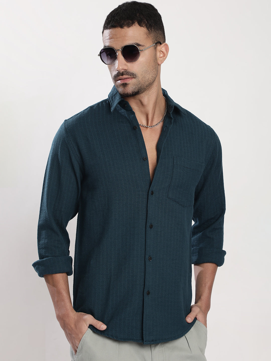 Men Teal Textured Regular Fit  Shirt