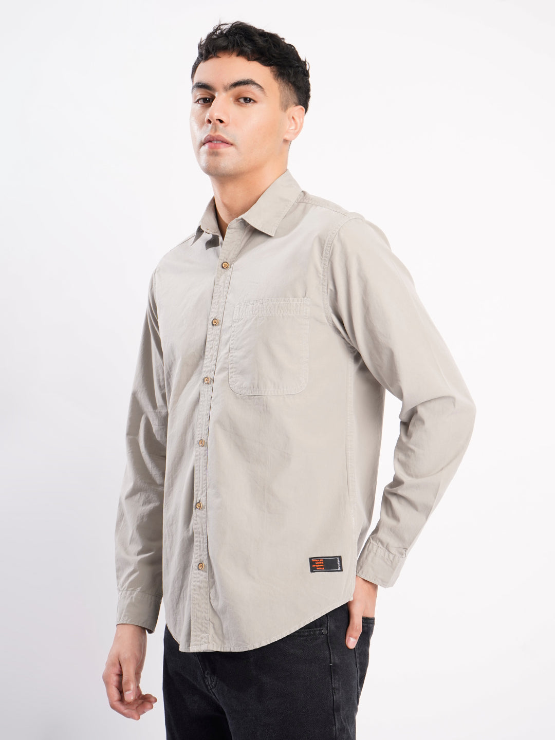 Men Grey Chest Pocket Shirt