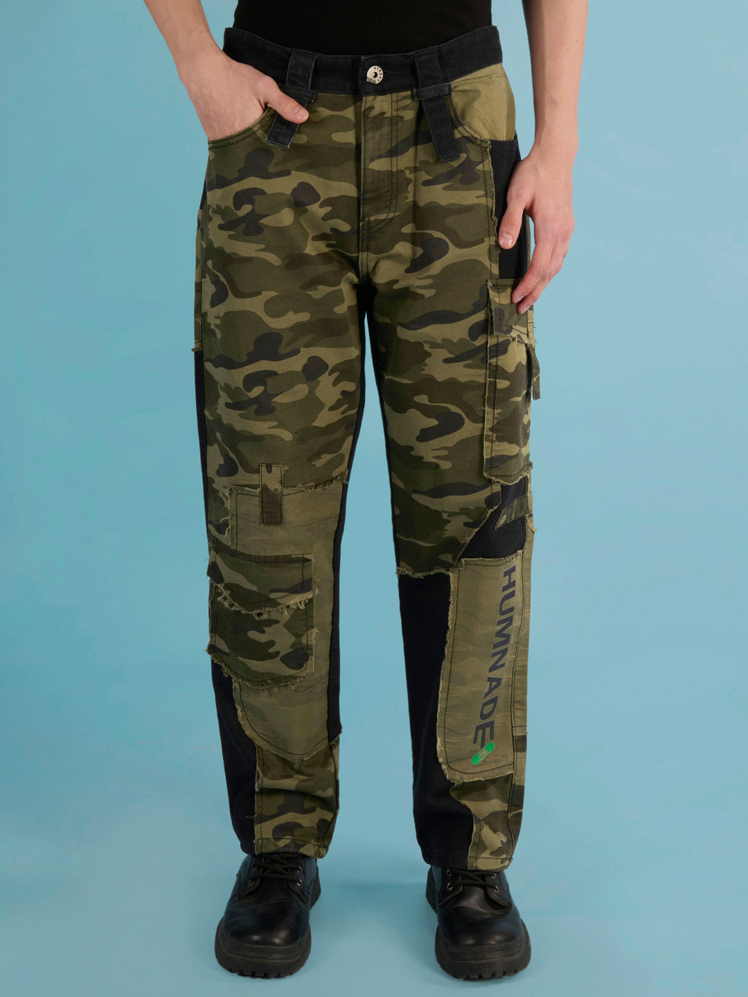 Men Black Jeans With Camo Print Patch Work