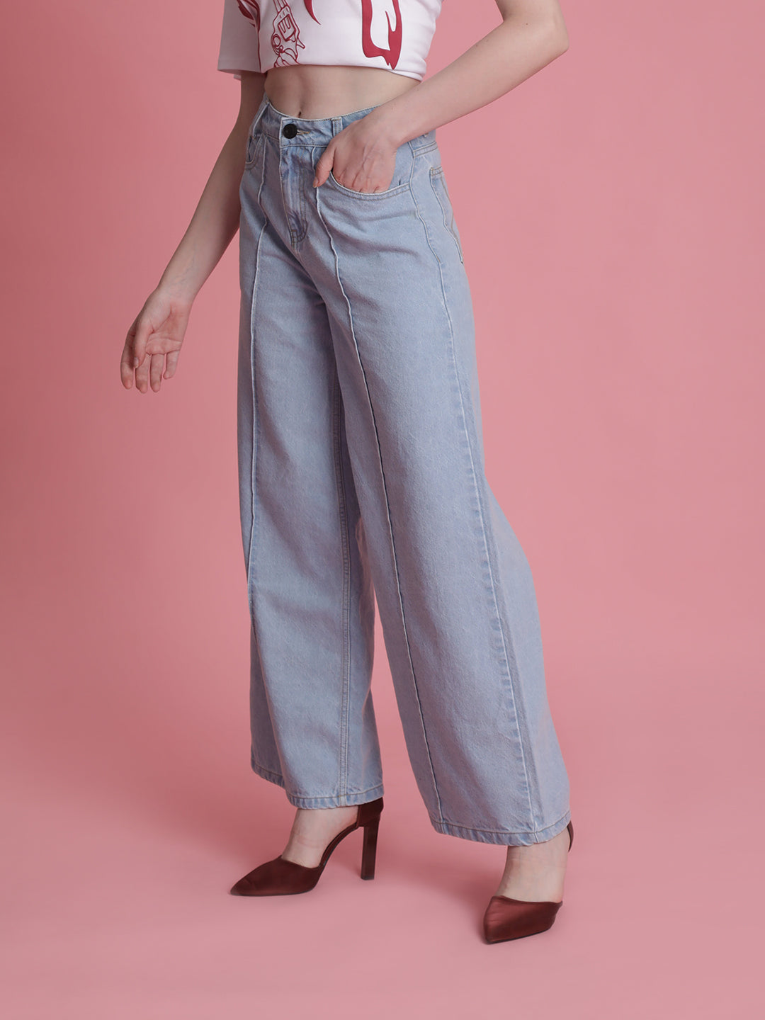 Women Wide Leg Light Blue Jeans