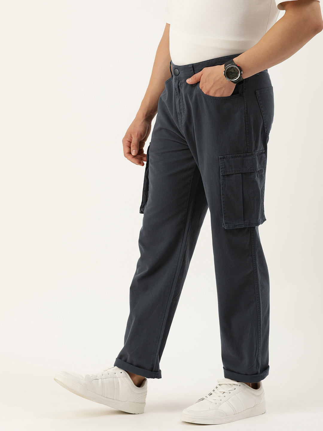 Men Dark Grey Relaxed Fit Solid Cargo Trouser