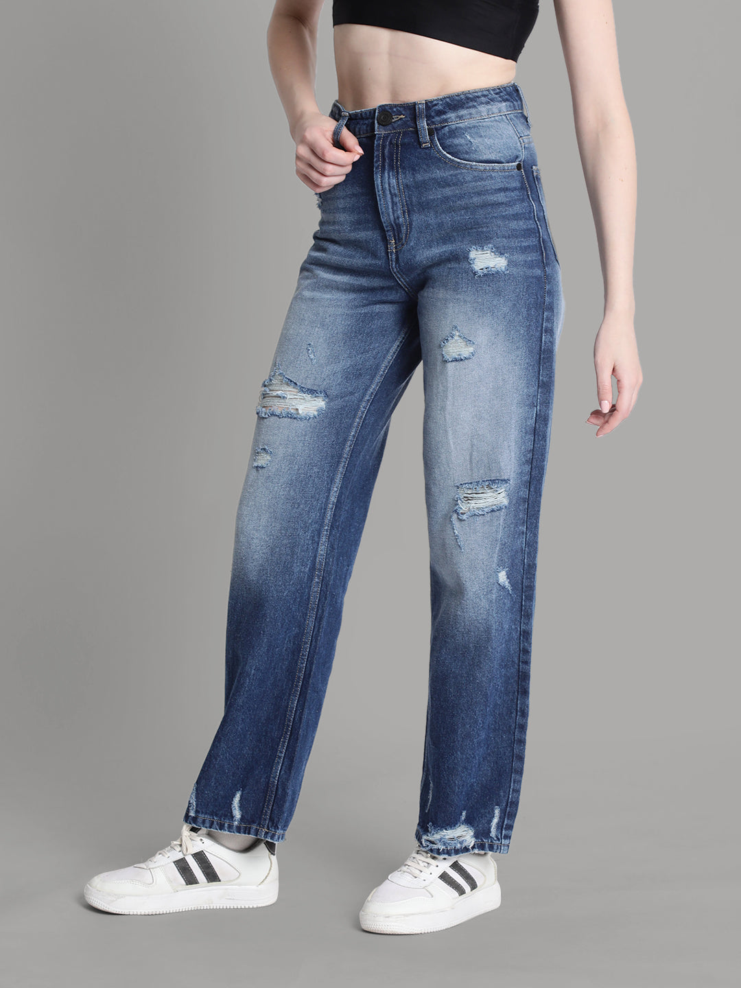 Women Blue Mildly Distressed Straight Fit Jeans