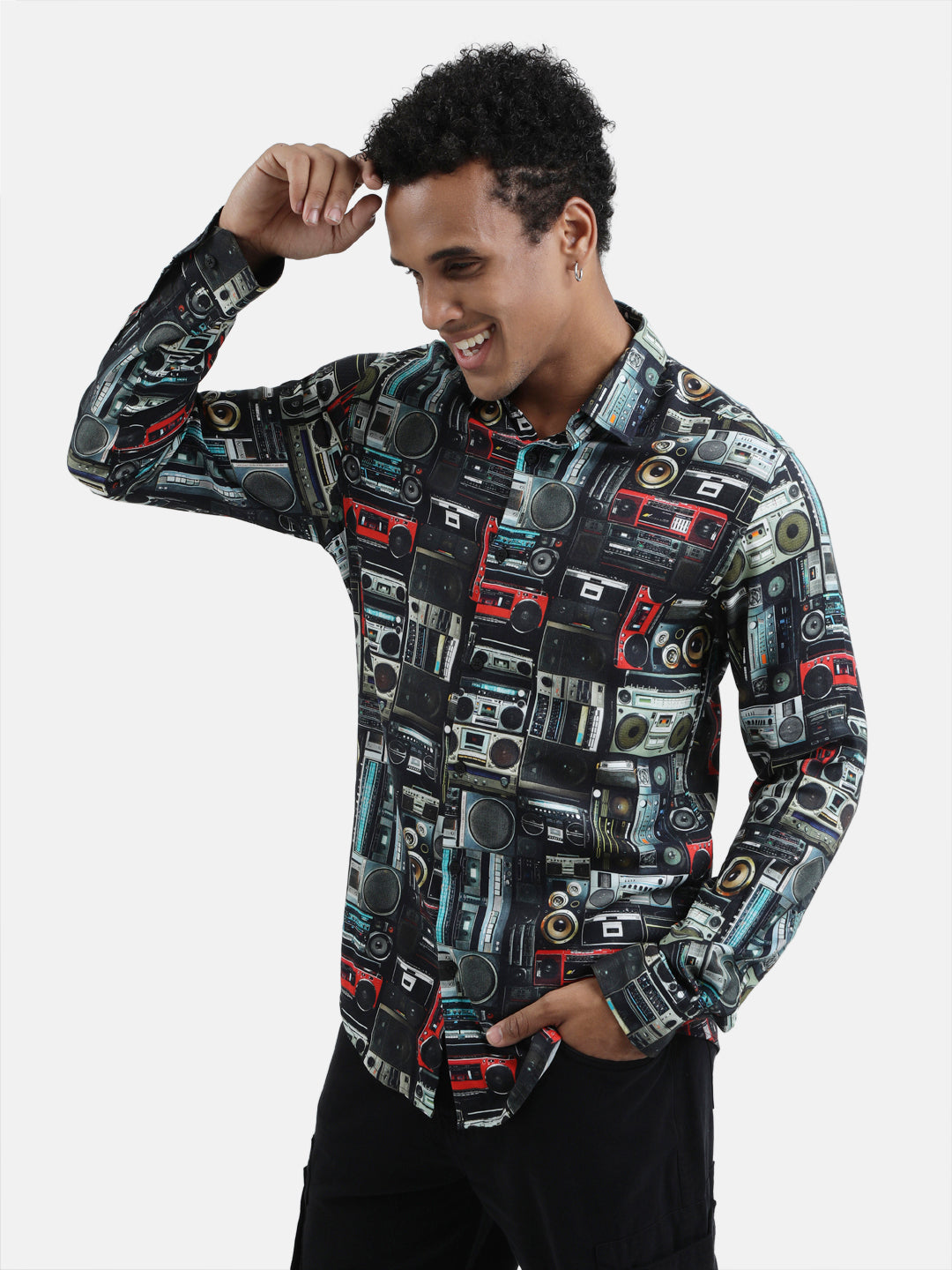 Men Black Digital Print Full Sleeves Casual Shirt