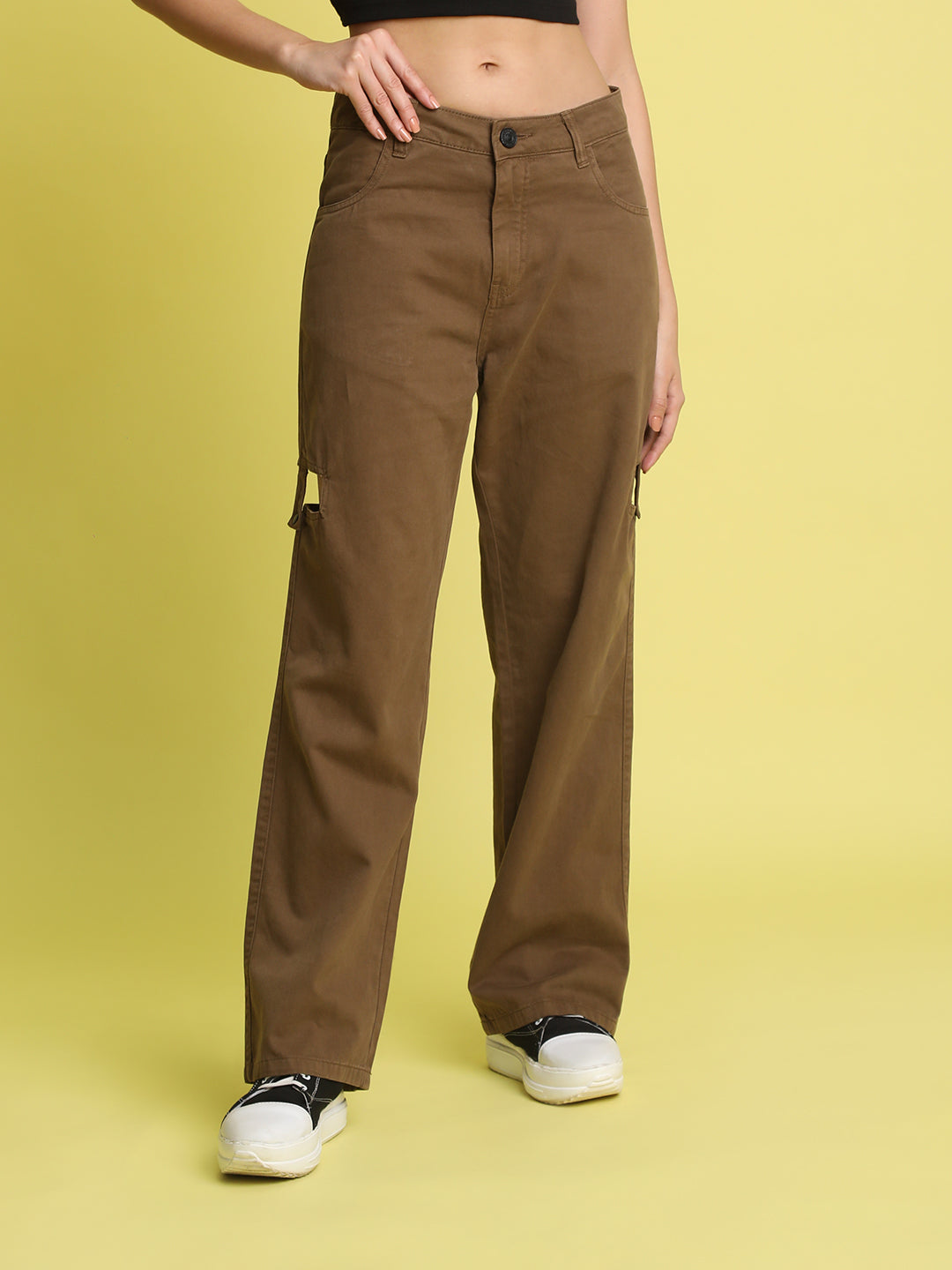 Women Brown Sustainable Trouser with Cutout Detailing