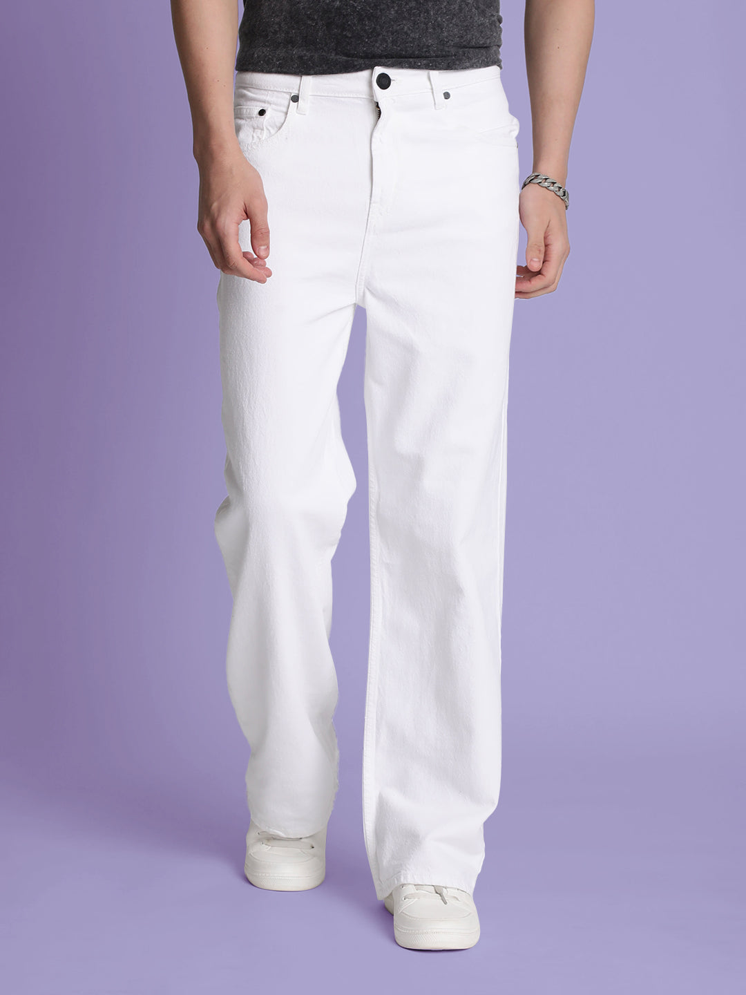 Men White Solid Wide-Leg Jeans