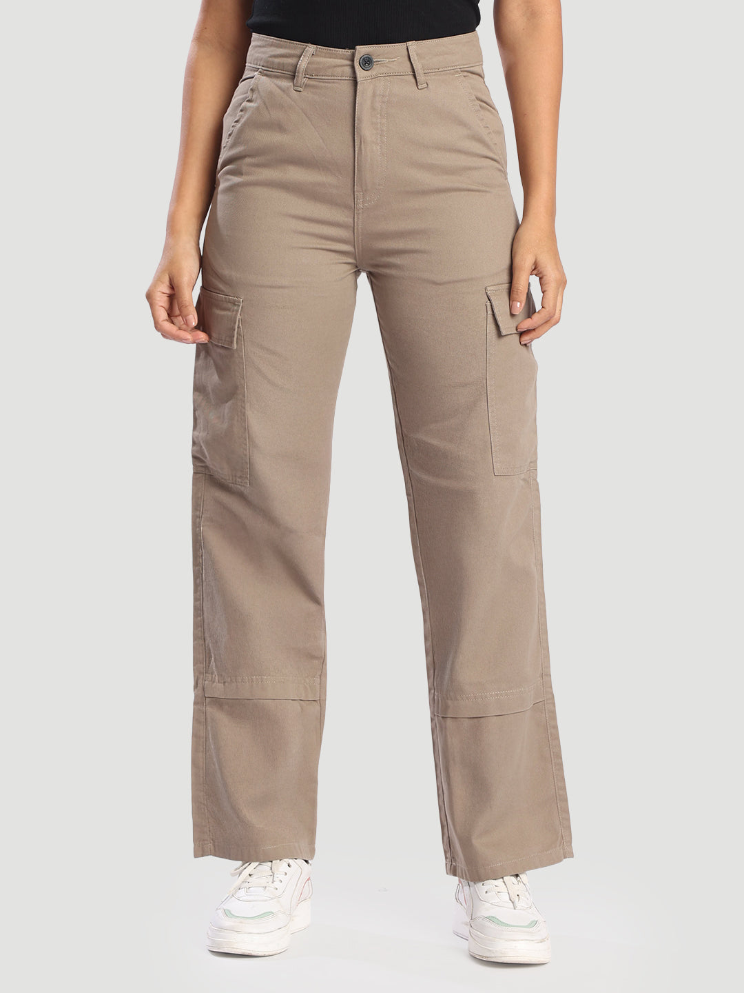 Women Khaki brown Straight Fit Pure Cotton Cargo Trousers