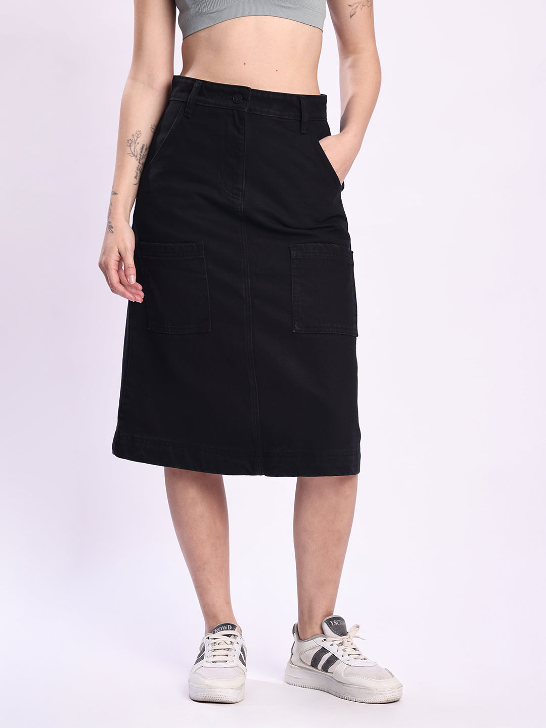 Women Black A-Line Cargo Denim Skirt