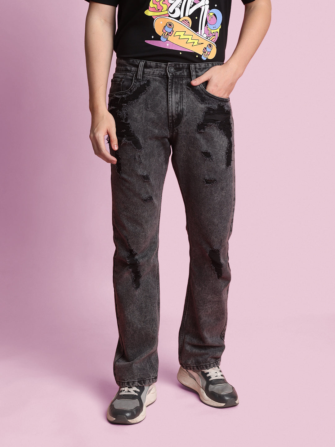 Men Charcoal Straight-Fit Highly Distressed Jeans