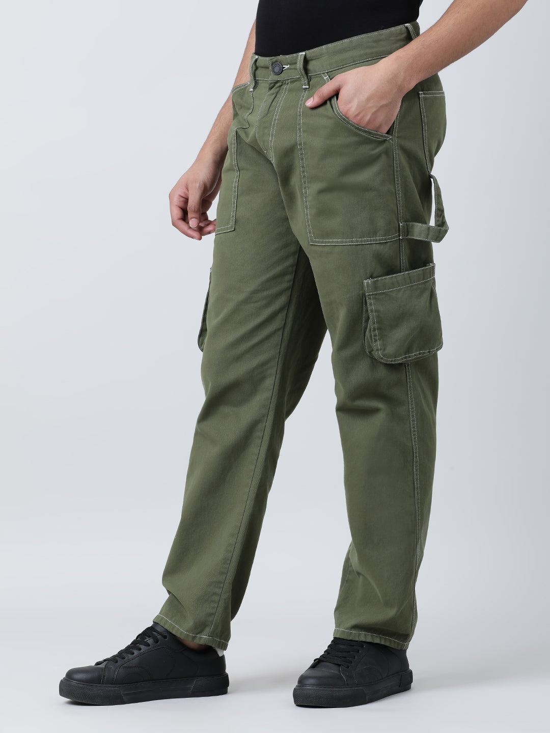 Men Olive Straight Fit Solid Carpenter Style Cargo Trouser