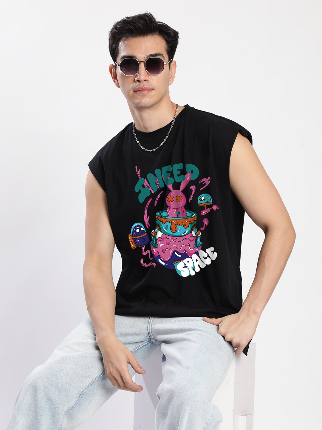 Men Black Sleeveless Graphic Oversized T Shirt