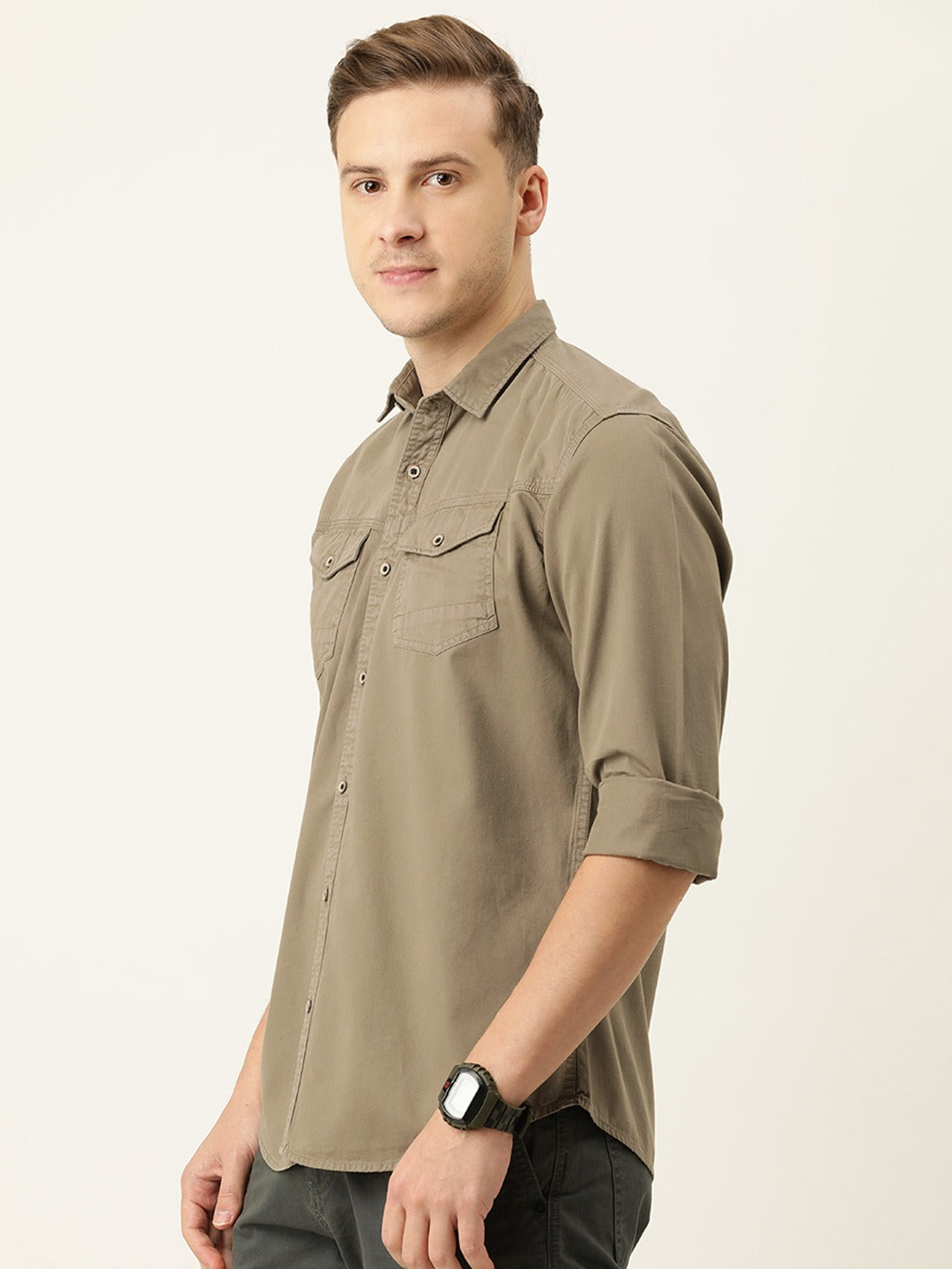 Men Camel Slim Fit Solid Casual Shirt