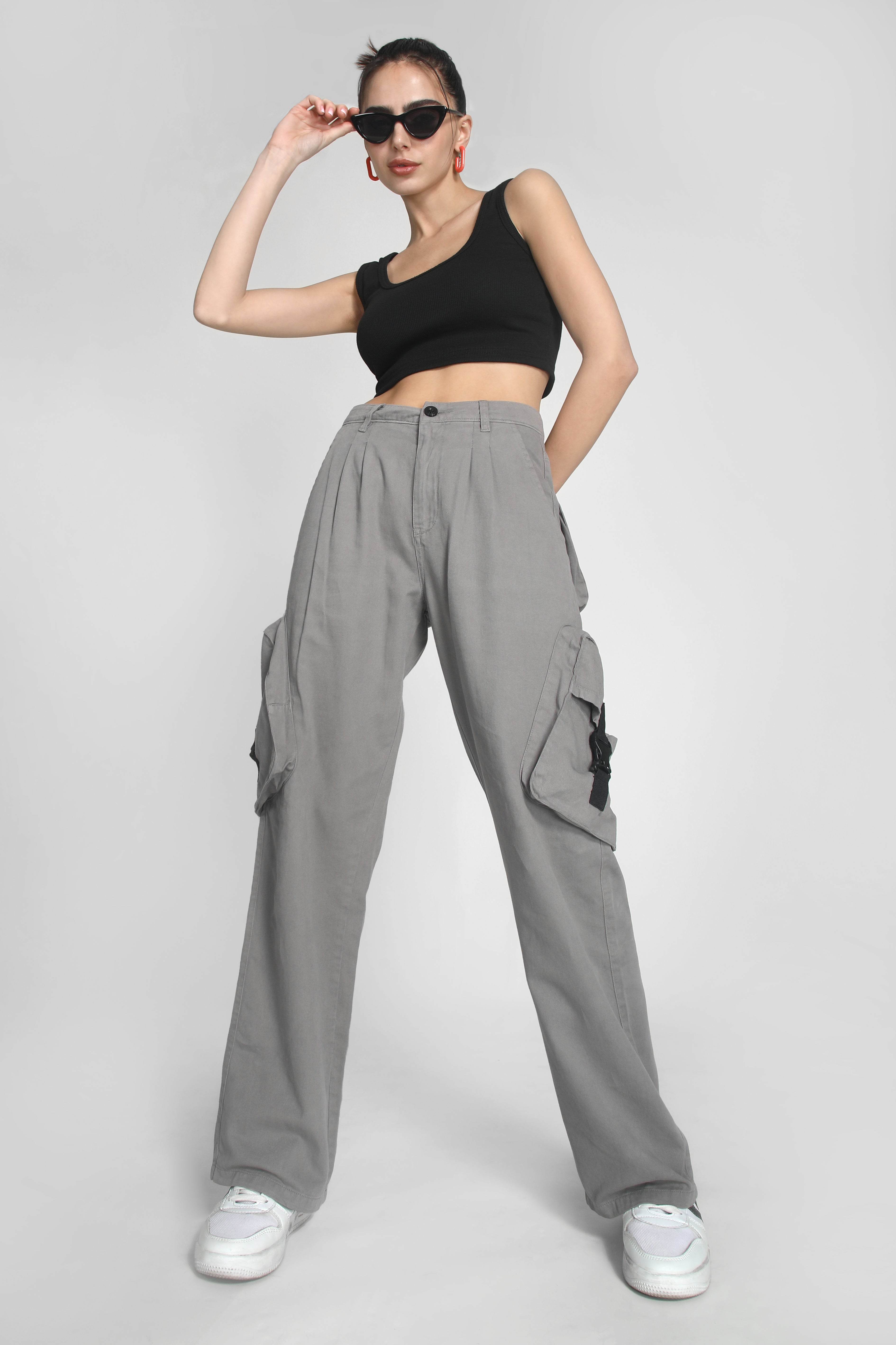 Women Straight Fit Cargo Trouser With Buckle Detailing