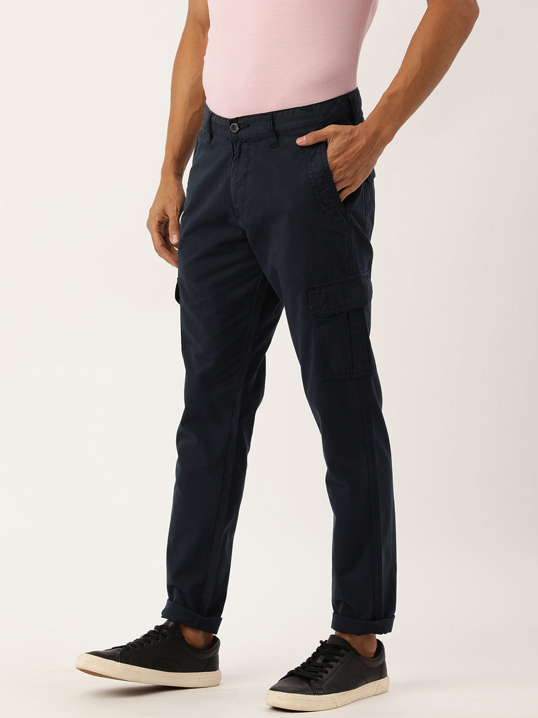 Men Navy Blue Slim Fit Solid Cargo Trouser