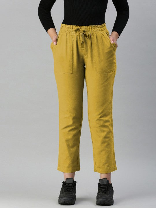 Women Mustard Regular Fit Solid Casual Trousers