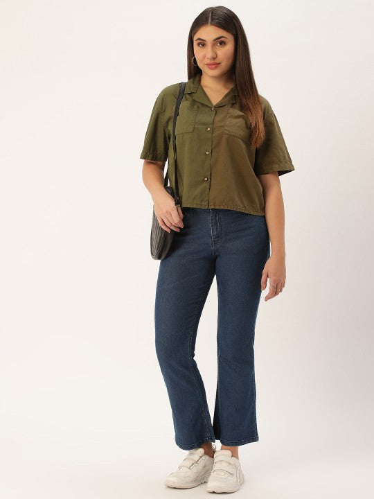 Women Deep Lichen Green/Army Green Boxy Fit Colour Block Casual Shirt