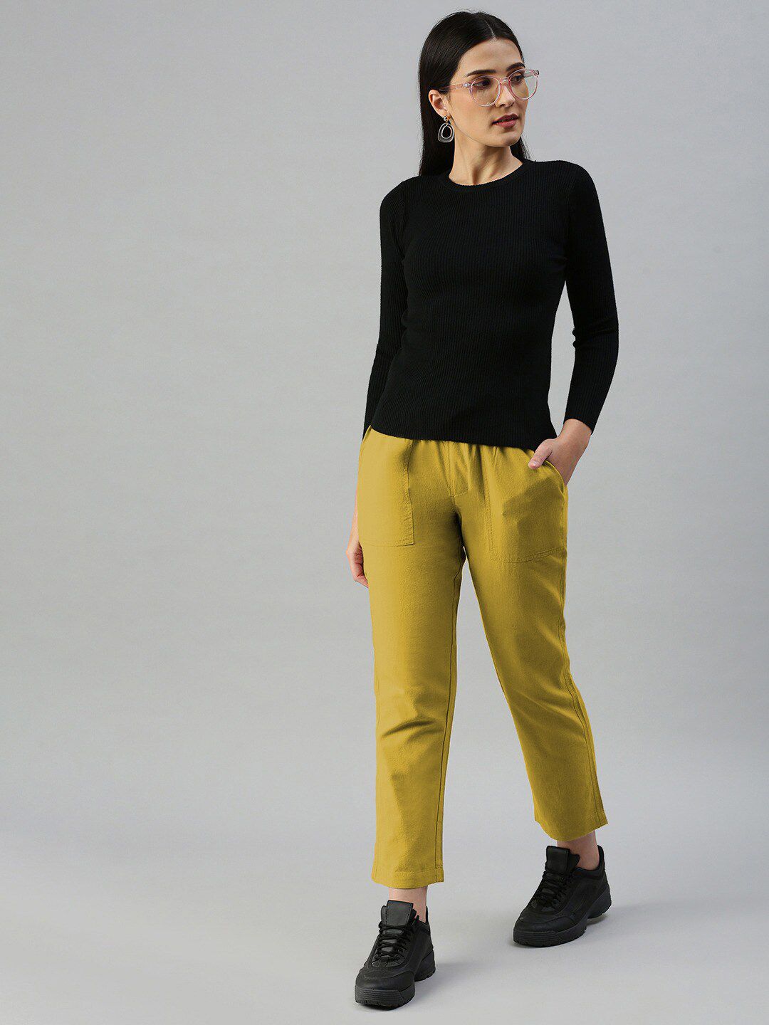 Women Mustard Regular Fit Solid Casual Trousers