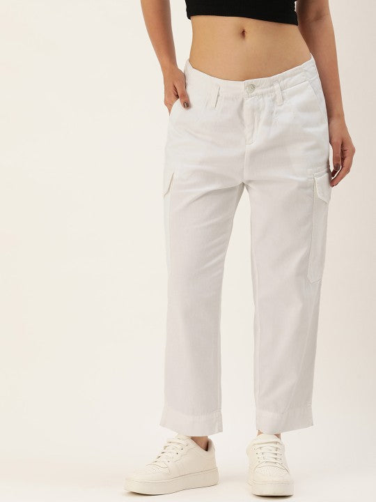 Women White Regular Fit Solid Cargo Trousers