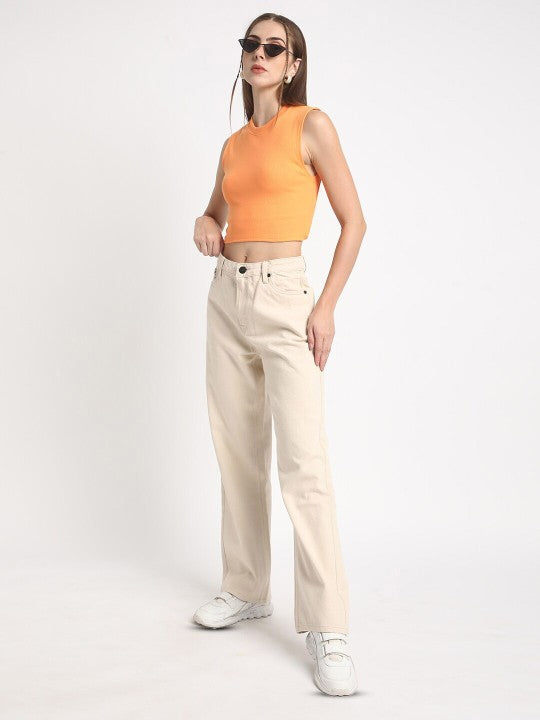 Women Orange Skinny Fit Solid Knitted Top with Back Tie Up