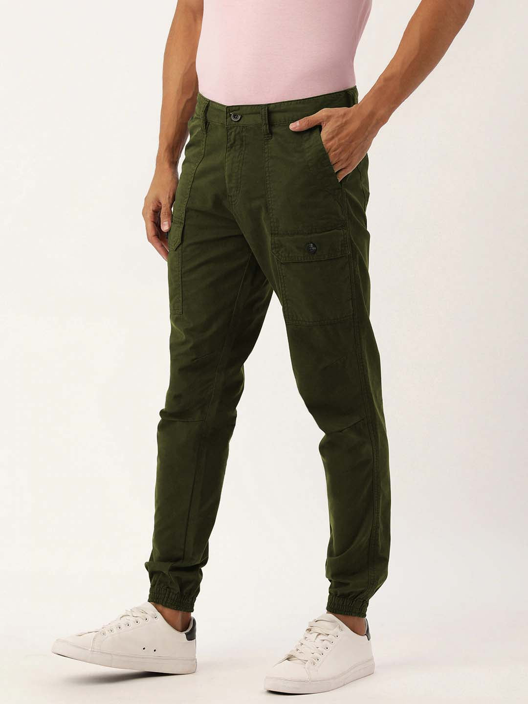 Men Olive Regular Fit Solid Cargo Jogger