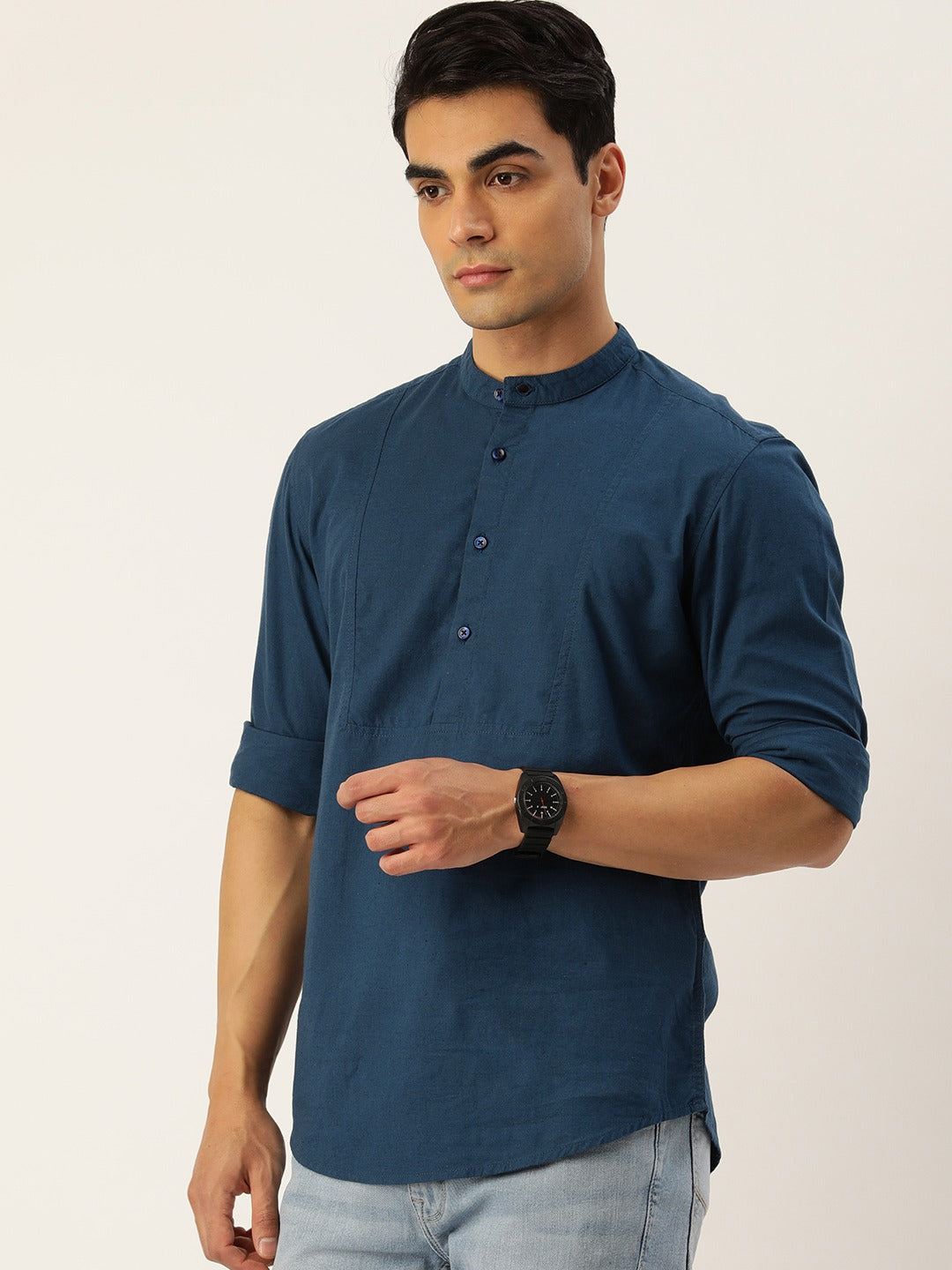 Men Navy Blue Solid Linen Kurta