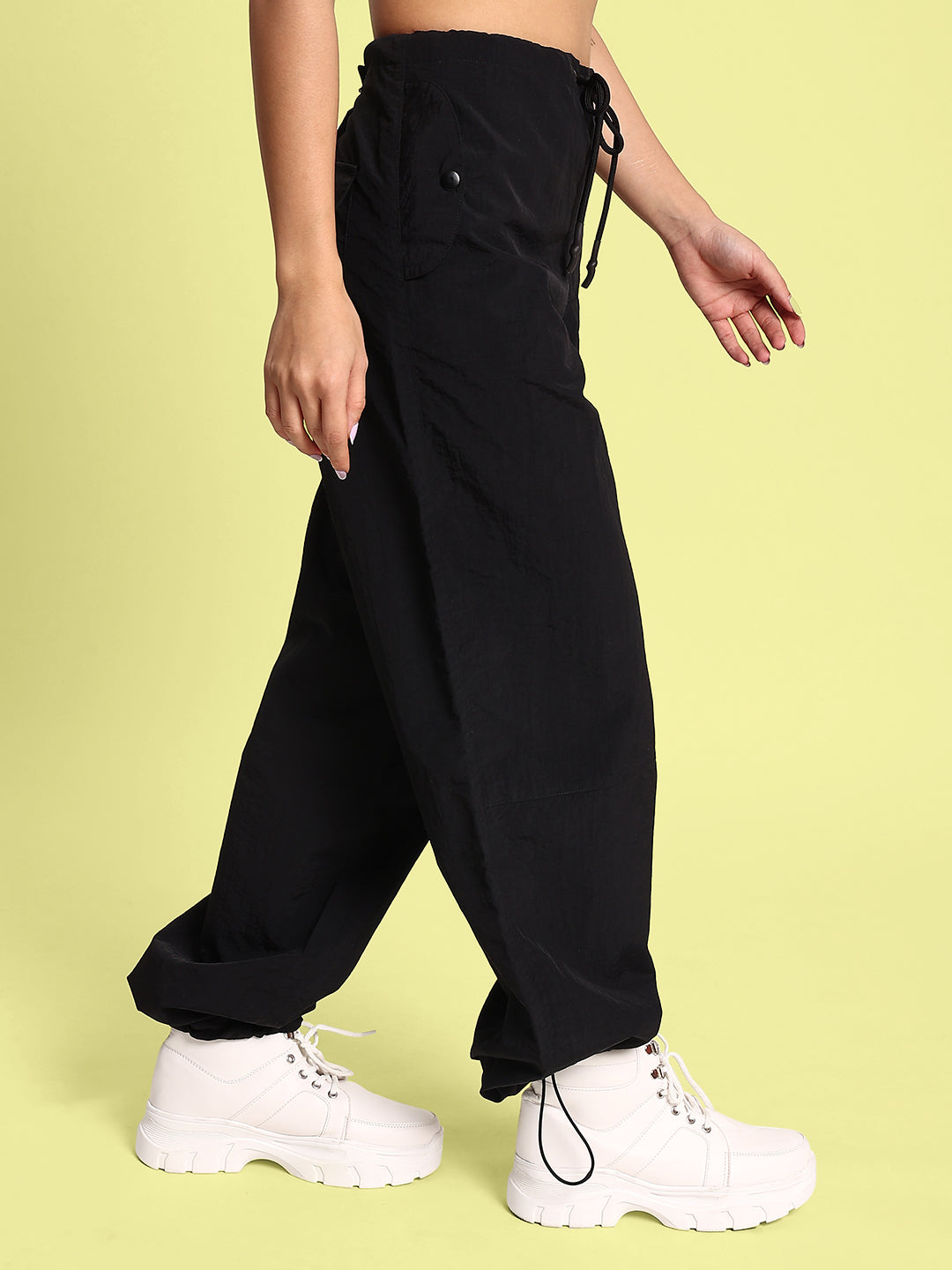 Women's Fashionable Black Crushed Nylon Parachute Pants