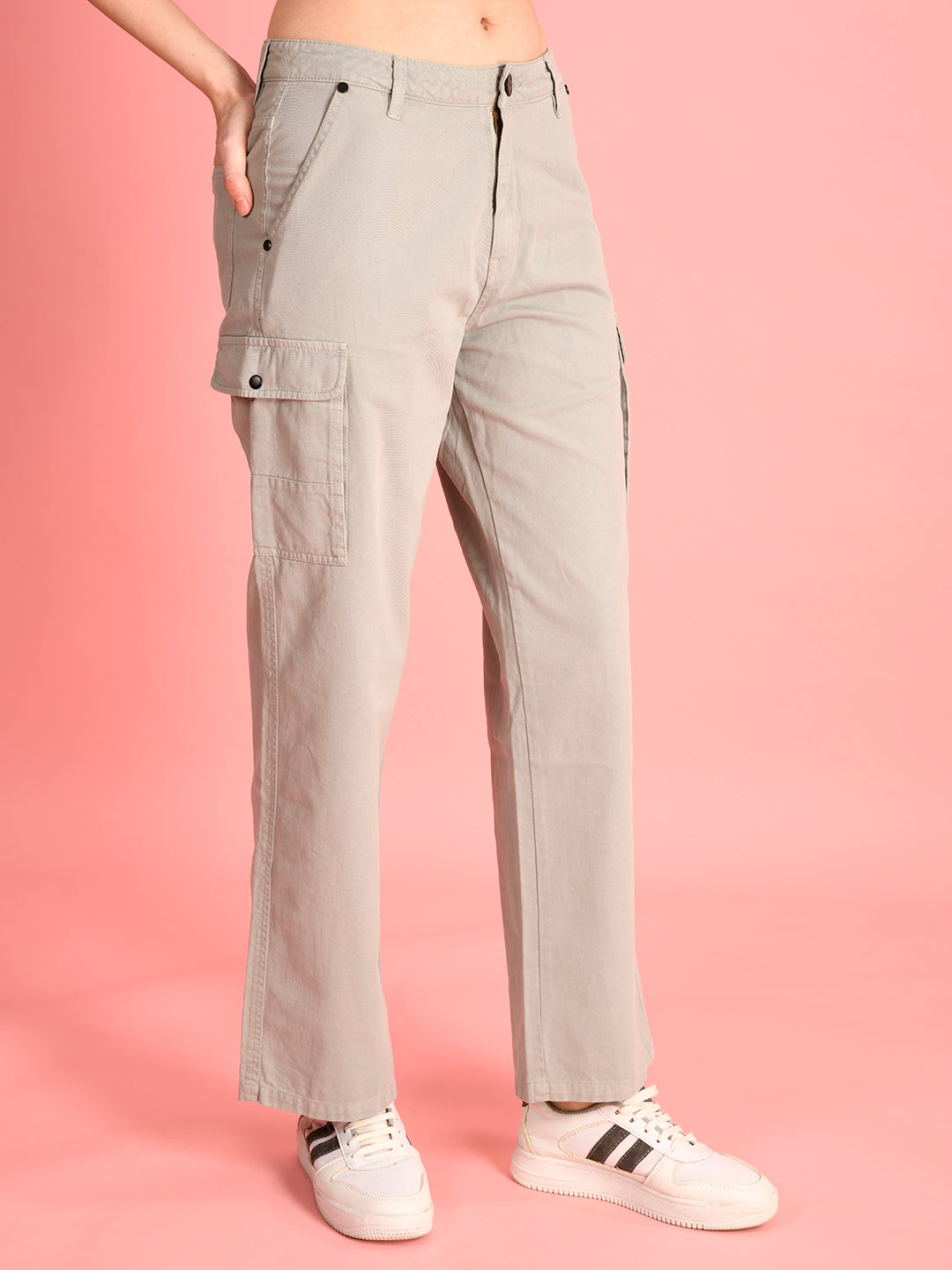 Women's Straight Fit High-Rise Neutral Grey Cargo Trousers with 6 Pockets