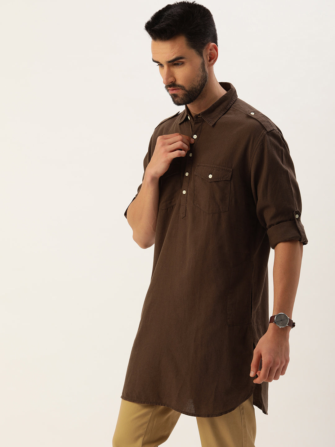 Men Dark Brown Slim Fit Solid Ethnic Kurta