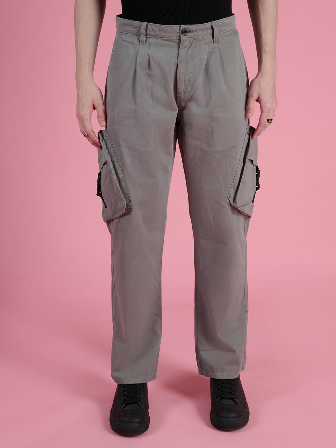 Men Straight Fit Grey Alloy Trousers