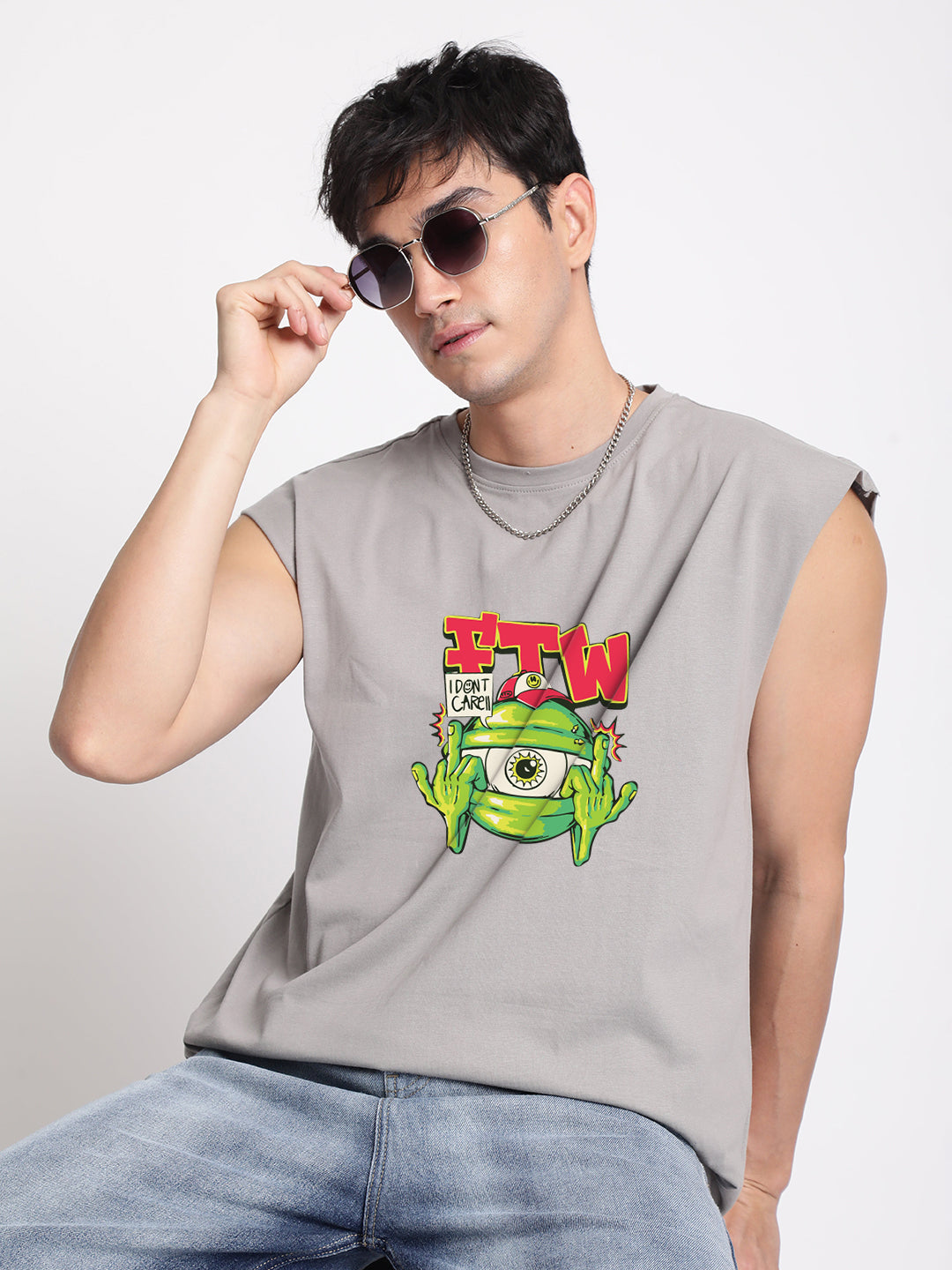 Men Grey Sleeveless Graphic Print Oversized T Shirt
