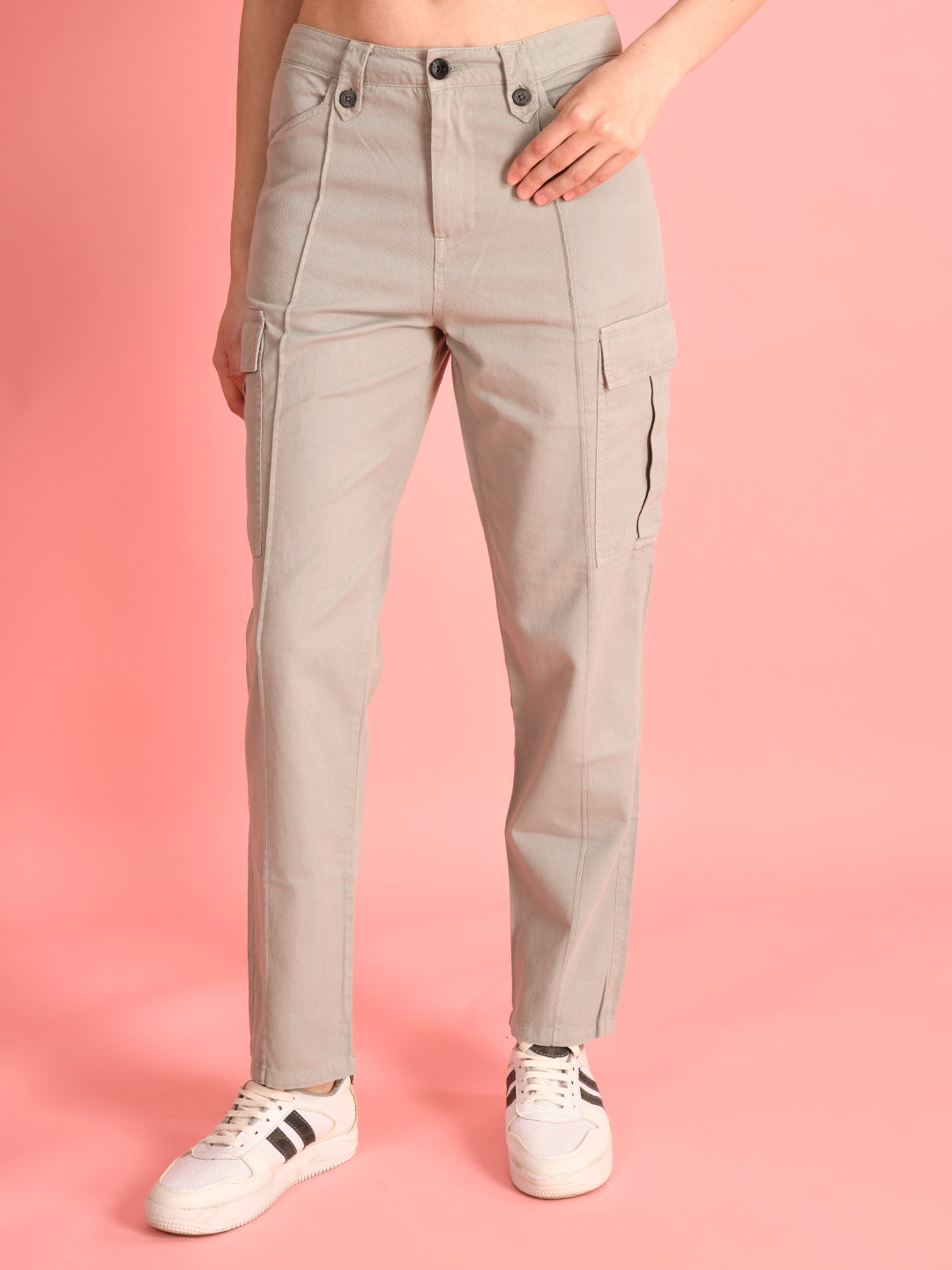 Women Regular Fit Neutral Grey Cargo Trousers