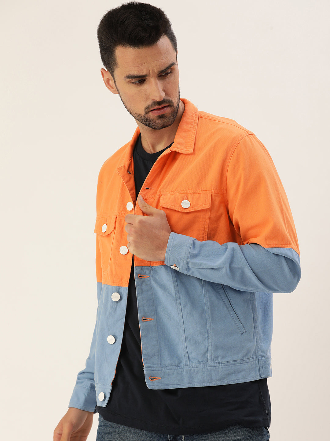 Men Orange/Blue Slim Fit Colour Block Jacket