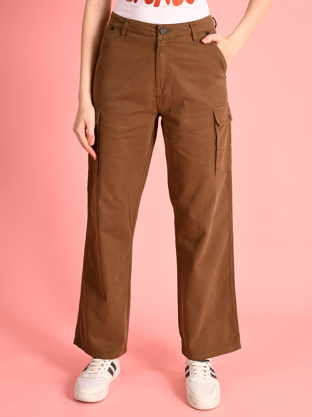 Women's High Rise Straight Fit Coffee Liqueur Cargo Trousers