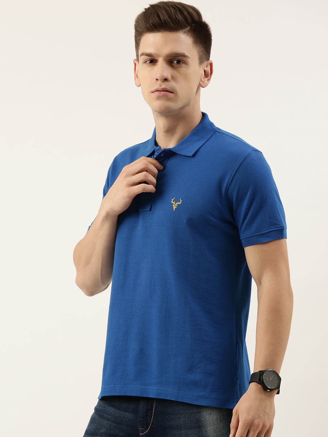 Men Estate Blue Solid Regular Fit Polo T-Shirt