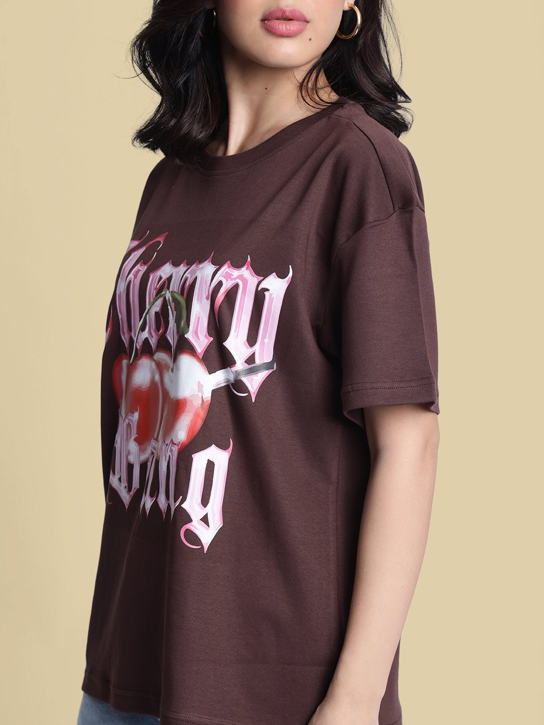 Women Brown Graphic Print Oversize Tshirt